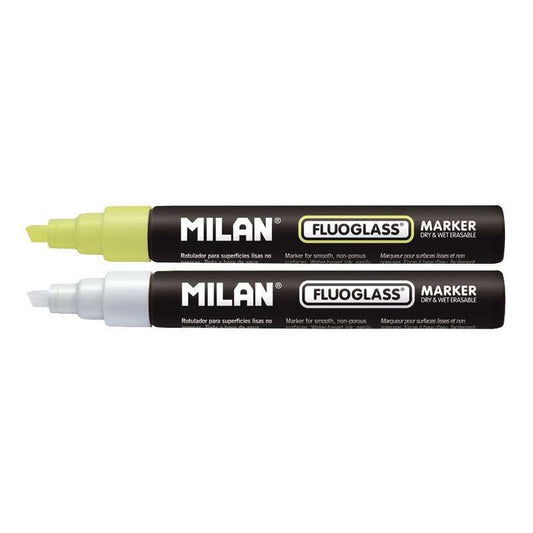 Conjunto de 2 marcadores Milan Fluoglass para superfícies lisas - Ponta biselada - Espessura da linha de 2 a 4 mm - T