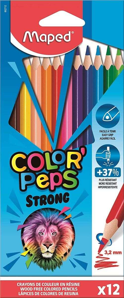 Crayons de couleur triangulaires robustes Maped Color'Peps - Sans bois - Mine de 3,2 mm - Pointe ultra-résistante