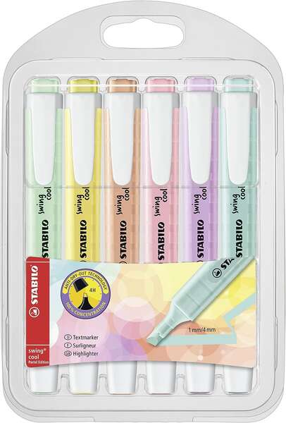 Stabilo Swing Cool Pastel Lot de 6 marqueurs fluorescents - Corps plat - Pointe biseautée - Trait
