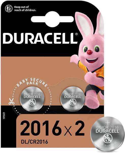 Pack de 2 pilhas tipo botão de lítio Duracell DL2016 3V - Tecnologia Baby Secure 