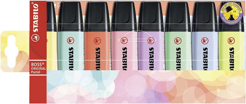 Stabilo Boss 70 Pastel, lot de 8 marqueurs fluorescents - Largeur de trait : 2 à 5 mm - Rechargeables - Encre