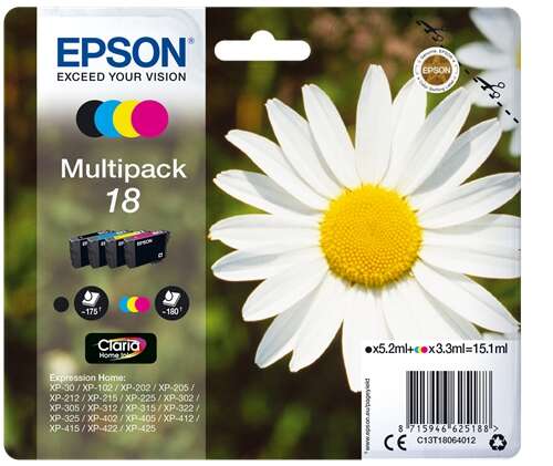 Epson T1806 (18) Pack de 4 Cartuchos de Tinta Originales - C13T18064012 - Prinkweb