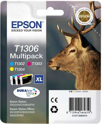 Epson T1306 Pack de 3 Cartuchos de Tinta Originales - Cian, Magenta, Amarillo - C13T13064012 - Prinkweb
