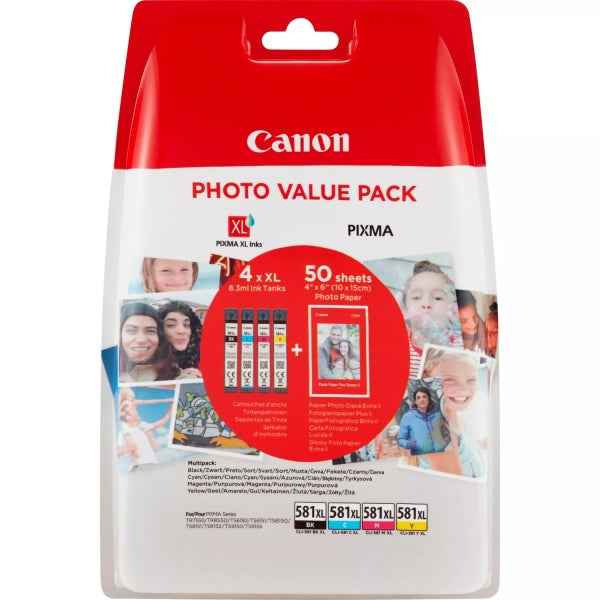 Canon CLI581XL Pack de 4 Cartuchos de Tinta Originales - 50 Hojas de Papel Fotografico - 2052C004/2052C006 - Prinkweb