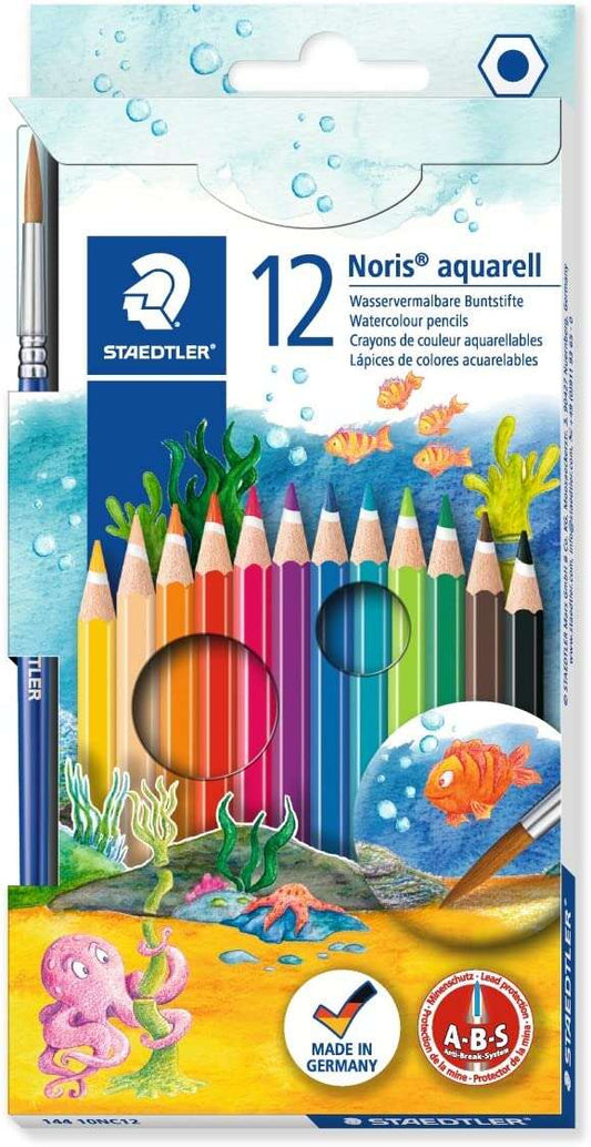 Coffret de 12 crayons de couleur hexagonaux Staedtler Noris Aquarell + pinceau - Bois issu de forêts gérées durablement