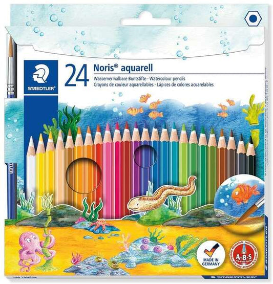 Conjunto de 24 lápis de cor hexagonais Staedtler Noris Aquarell + pincel - Madeira florestal sustentável