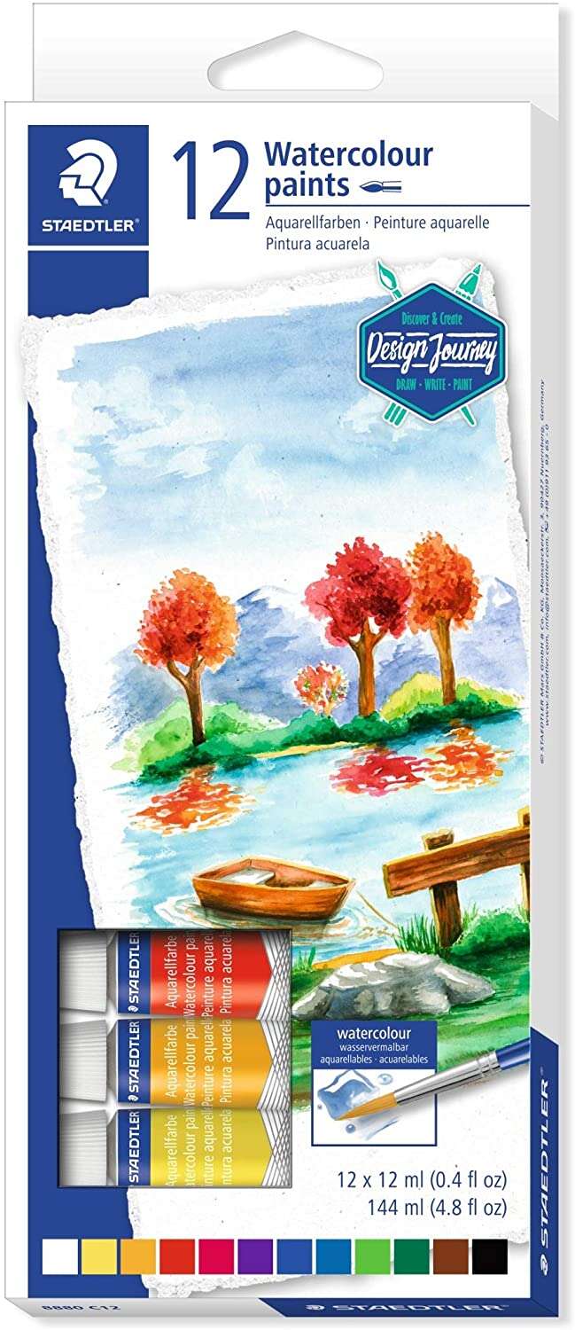 Staedtler Pack de 12 Tubos de Acuarela 12ml - Colores Brillantes  - Usar en Papel Acuarela o Cartulina - Colores Surtidos