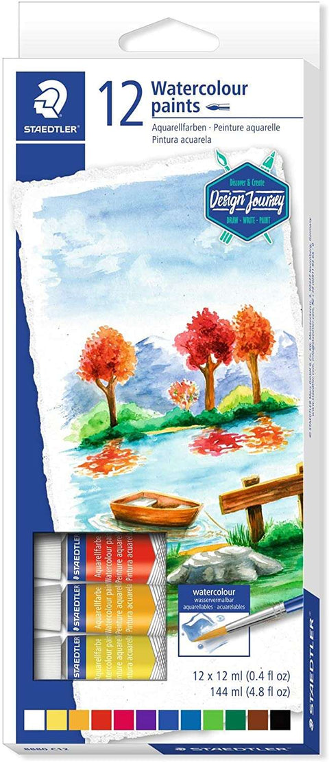 Conjunto de 12 tubos de aguarela Staedtler de 12ml - Cores vibrantes - Ideal para papel de aguarela ou cartolina - Cores sortidas 