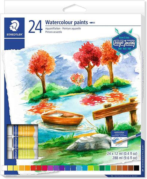 Conjunto de 24 tubos de aguarela Staedtler de 12ml - Cores vibrantes - Ideal para papel de aguarela ou cartolina - Cores sortidas 