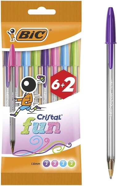 Conjunto de 8 esferográficas Bic Cristal Fun (6+2 unidades) - Ponta redonda de 1,6 mm - Largura da linha de 0,42 mm - Tinta com