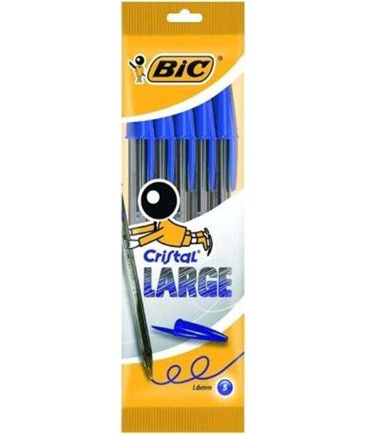 Lot de 5 stylos à bille Bic Cristal grand format - Pointe ronde 1,6 mm - Largeur de trait 0,6 mm - Encre avec base
