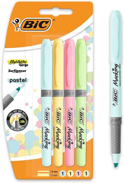 Lot de 4 surligneurs fluorescents pastel Bic Highlighter Grip - Encre à base d'eau - Pointe biseautée