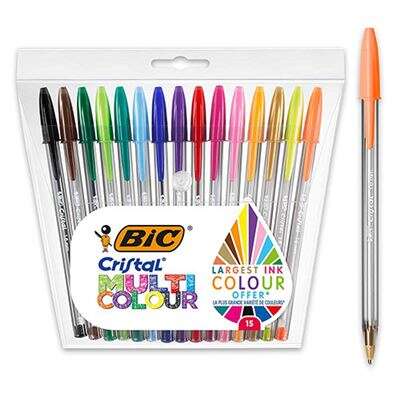 Lot de 15 stylos à bille Bic Cristal multicolores - Pointe 1,6 mm - Largeur de trait 0,42 mm - Encre de base