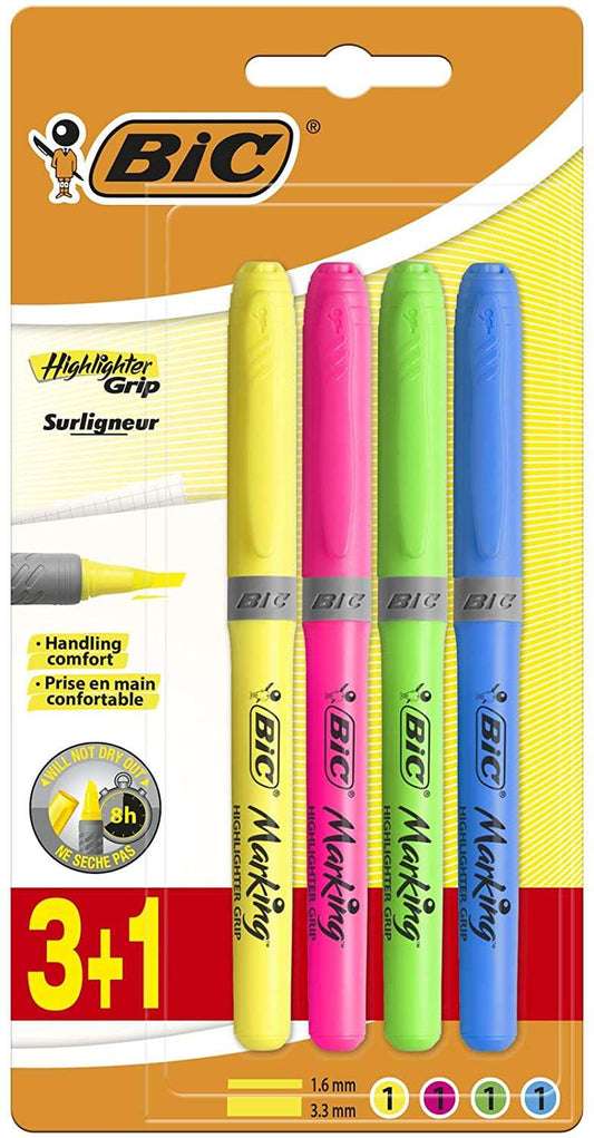 Bic Highlighter Grip Marcadores Fluorescentes - Tinta con Base de Agua - Punta Biselada