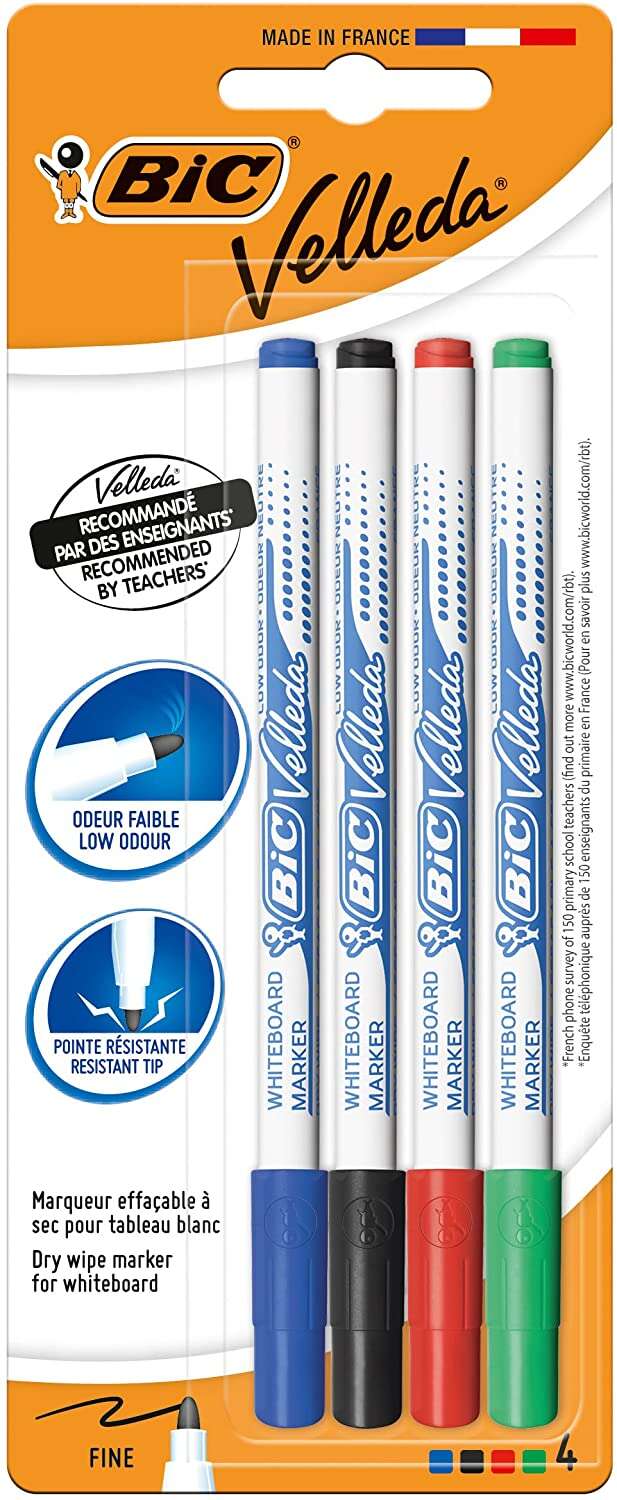 Bic Velleda 1721 Lot de 4 marqueurs pour tableau blanc - Pointe fine - Largeur de trait de 1,6 mm - Effacement optimal