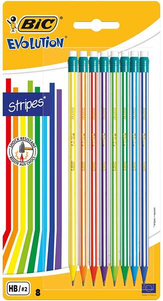 Bic Evolution Stripes Lapices de Grafito Hexagonales con Goma de Borrar - Mina HB Ultrares