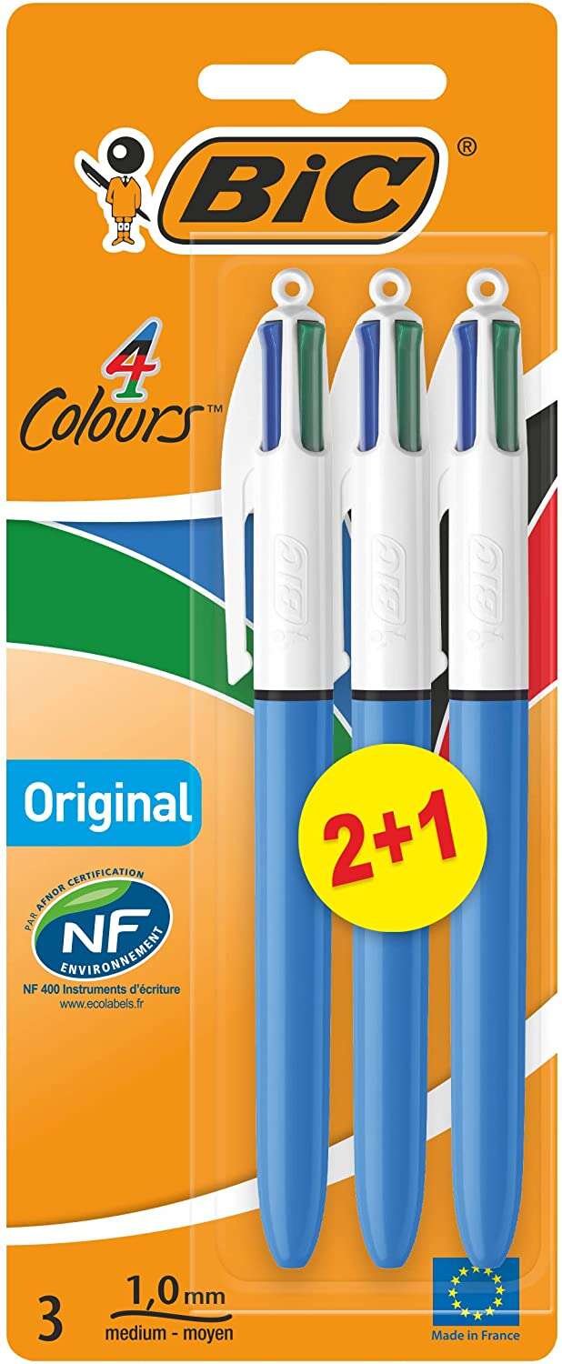 Lot de 3 stylos à bille rétractables Bic Original 4 couleurs - Pointe moyenne 1,0 mm - Encre avec base