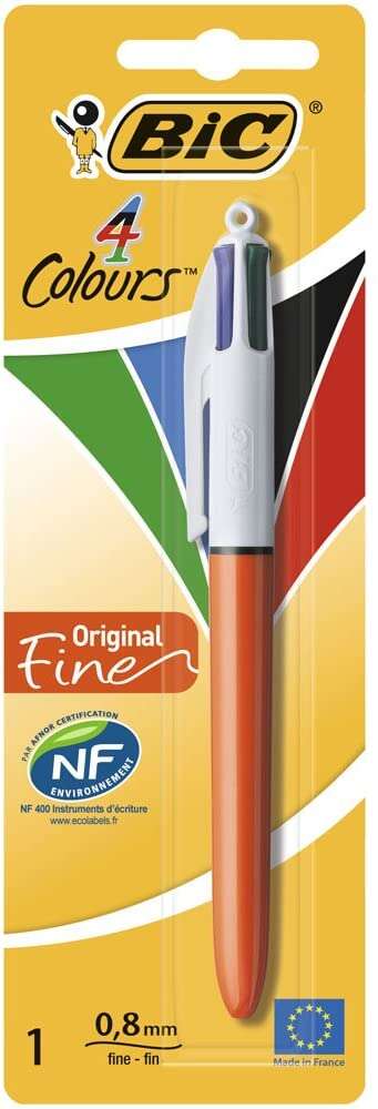 Caneta Esferográfica Retrátil Bic Original de 4 Cores com Ponta Fina de 0,8 mm - Tinta à Base de Acetato