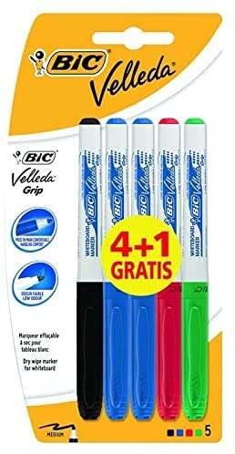 Bic Velleda Grip 4+1 Rotuladores para Pizarra - Zona con Grip - Punta Media - Trazo de 1.2