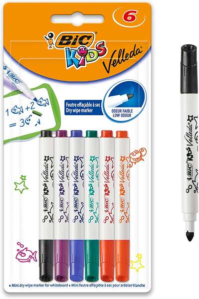 Bic Kids Mini Velleda Rotuladores para Pizarra - Punta Bloqueada - Tinta con Base de Alcohol - Borrado Optimo - Colores Surtidos