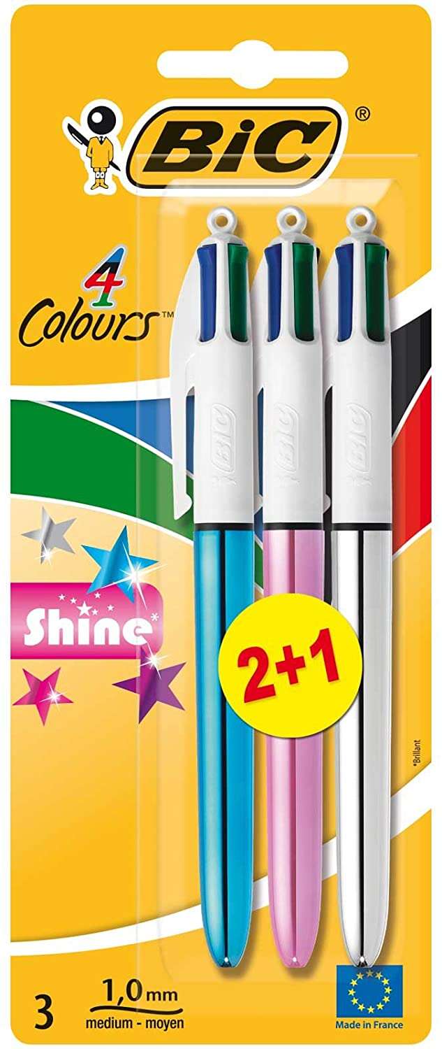 Conjunto de 3 Esferográficas Retráteis Bic Shine 4 Cores (2+1) - Ponta Média de 1,0 mm - Tinta com Base
