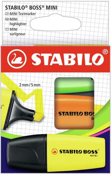 Stabilo Boss Mini Pack de 3 Mini Marcadores Fluorescentes - Espessura da linha entre 2 e 5 mm - Tinta com base de