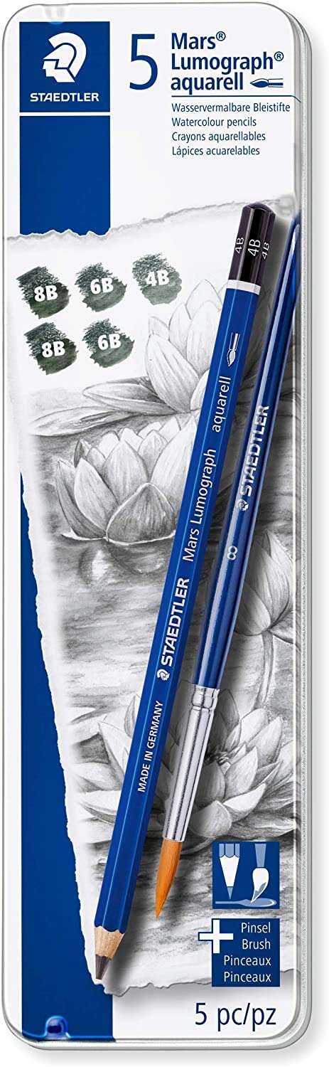 Staedtler Mars Lumograph Aquarell 100A - Embalagem de 5 Lápis de Grafite + Pincel - Apagável