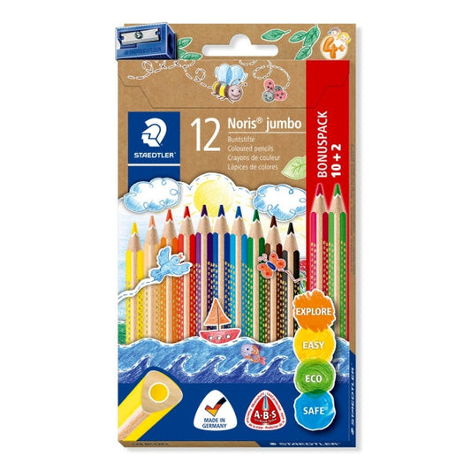 Staedtler Jumbo Noris 128, paquet de 12 crayons de couleur triangulaires - Design ergonomique - Couleurs S