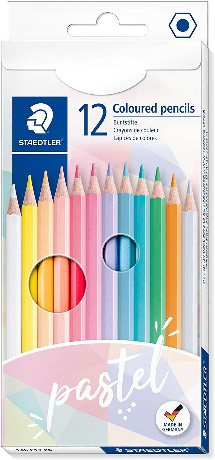 Staedtler 146C, paquet de 12 crayons de couleur hexagonaux pastel - Mine tendre - Effaçables
