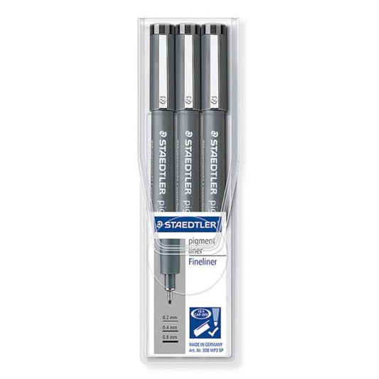 Feutres Staedtler Pigment Liner 308, lot de 3, pointe fine, pointe longue, séchage rapide, couleur