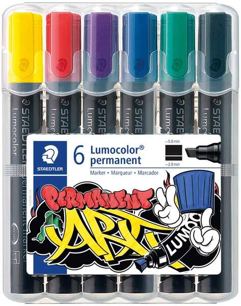 Lot de 6 marqueurs permanents Staedtler Lumocolor 350 - Pointe biseautée - Couleurs assorties