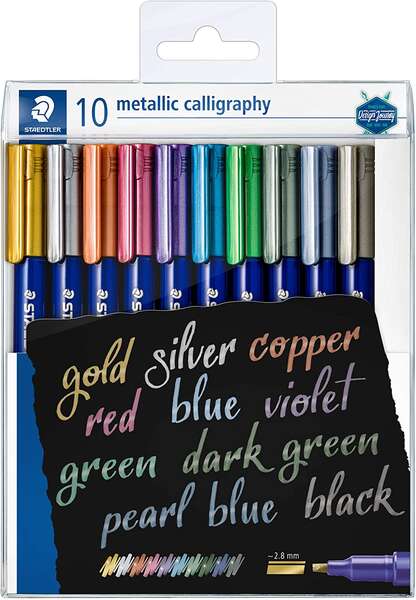 Staedtler Metallic Calligraphy Pack of 10 Calligraphy Markers - 2.8mm Tip - Assorted Colors
