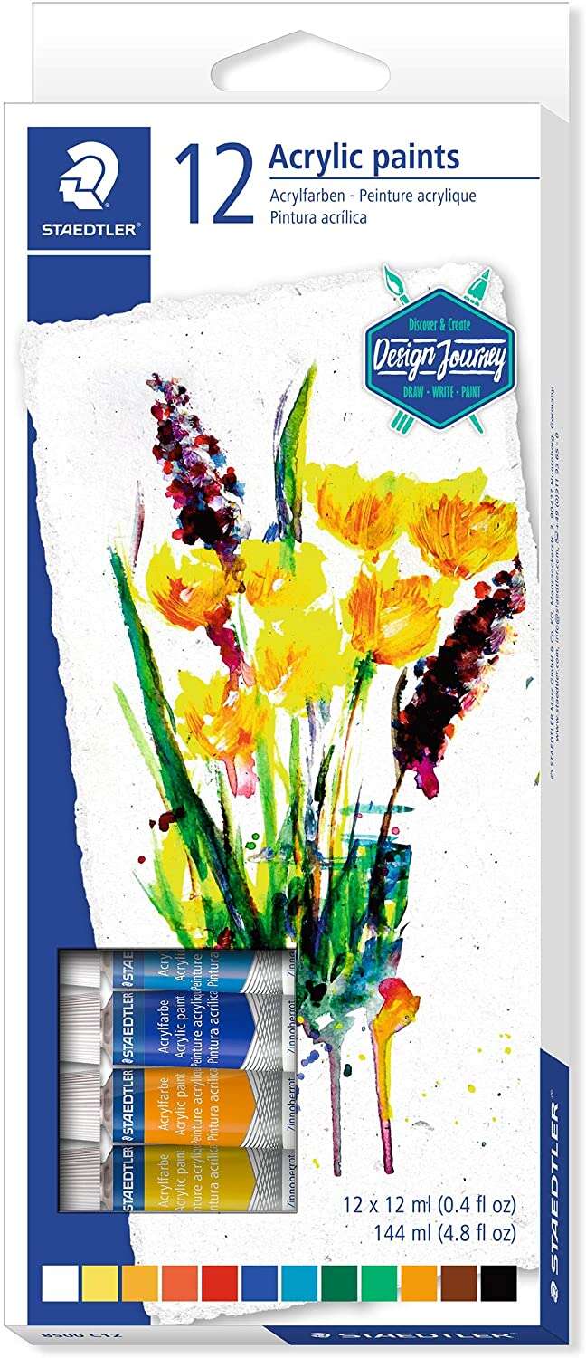 Staedtler 8500 - Embalagem de 12 tubos de tinta acrílica - Fácil de esbater - Para uma vasta gama de superfícies - Cores sortidas 