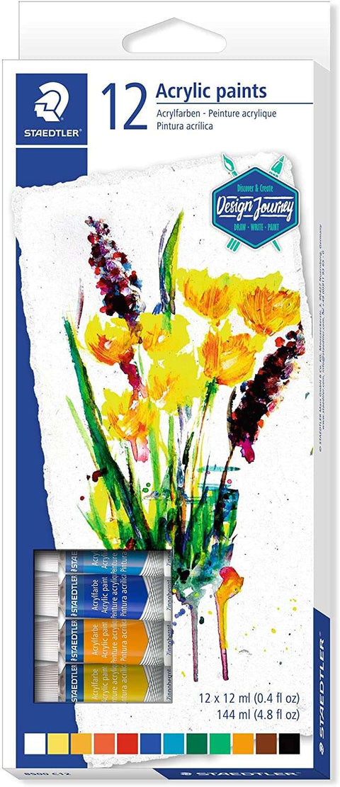 Staedtler 8500 - Embalagem de 12 tubos de tinta acrílica - Fácil de esbater - Para uma vasta gama de superfícies - Cores sortidas 