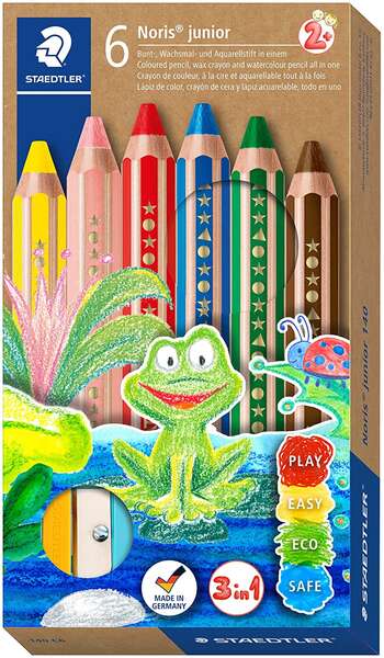 Lot de 6 crayons de couleur extra épais Staedtler Noris Junior + taille-crayon - 3 en 1, crayon, crayon à papier