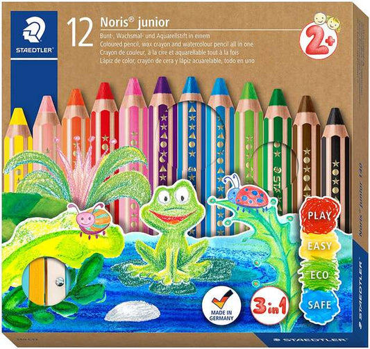 Staedtler Noris Junior Lapices de Colores Extragruesos + Sacapuntas - 3 en 1, Lapiz, Cera y Acuarelable - Colores Surtidos