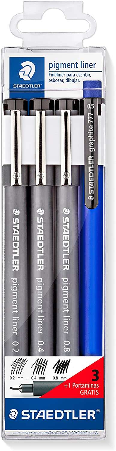 Staedtler Pigment Liner 308 Lot de 3 stylos calibrés 0,2, 0,4 et 0,8 mm + 1 porte-mine 0,5 mm -