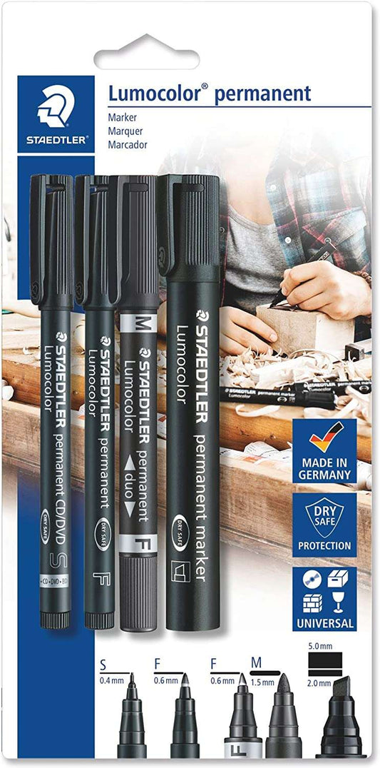 Lot de 4 marqueurs permanents Staedtler Lumocolor - Pointes différentes - Résistants à l'eau