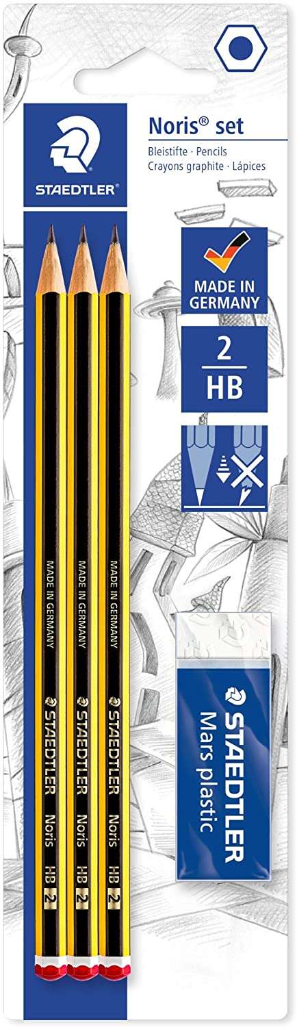 Staedtler Noris 120 - Embalagem de 3 lápis de grafite hexagonais 2HB + 1 borracha plástica Mars