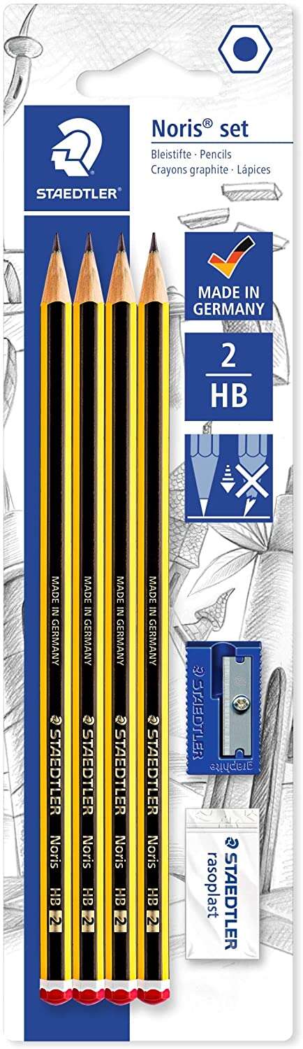 Staedtler Noris 120, lot de 4 crayons graphite hexagonaux 2HB + 1 gomme Rasoplast + 1 Sa