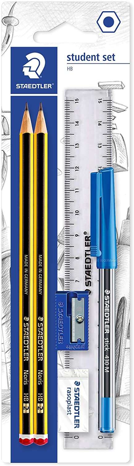 Lot de 2 crayons graphite hexagonaux Staedtler Noris 2HB + 1 stylo-feutre bleu 430 + 1 gomme
