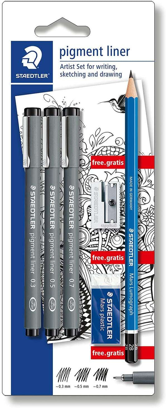 Staedtler Pigment Liner 308 Rotuladores Calibrados Negros, Trazos Surtidos + 1 Goma de Bor