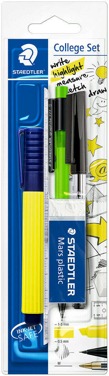 Kit scolaire Staedtler comprenant : 1 feutre jaune + 1 gomme + 1 stylo noir + 1