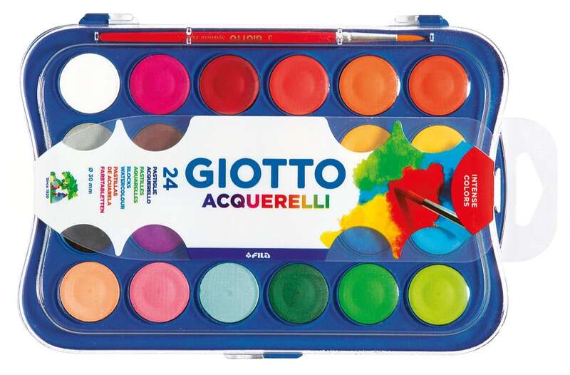 Coffret aquarelle Giotto 24 (30 mm) + pinceau - Couleurs vives, intenses et éclatantes - Haute couvrance