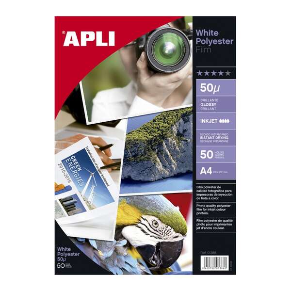 Apli Film Poliester Blanco Adhesivo A4 - Acabado Brillante - Secado Instantaneo - 50 hojas - Prinkweb