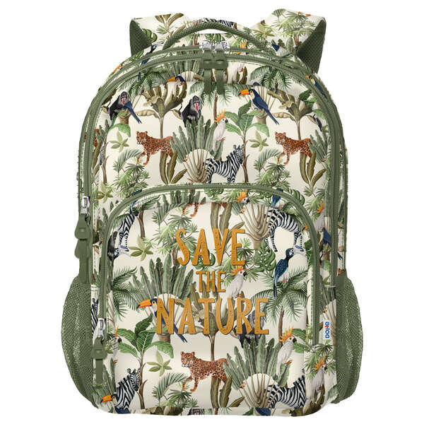 Sac à dos scolaire Dohe WWF Save the Nature grand format - 3 compartiments - Poches latérales - Bretelles rembourrées et réglables - Compatible avec un trolley 