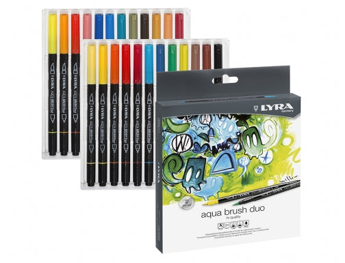 Conjunto de 24 Marcadores de Ponta Dupla Lyra Aqua Brush Duo - Ponta de Pincel de 4mm, Ponta Fina de 2mm - Tinta Azul-Turquesa