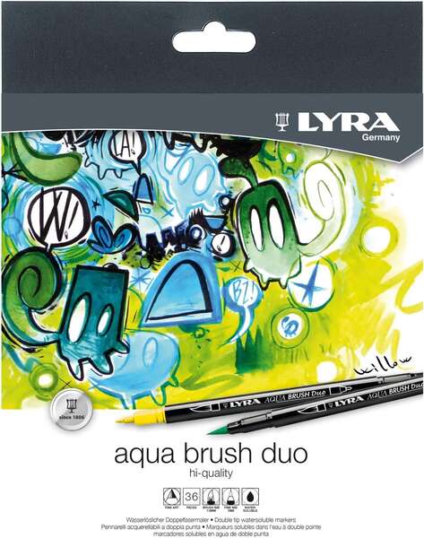 Conjunto de 36 marcadores de ponta dupla Lyra Aqua Brush Duo - traços de 2 e 4 mm - tinta à base de água - Co