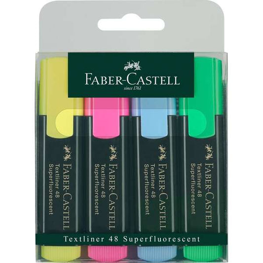 Lot de 4 marqueurs fluorescents Faber-Castell Textliner 48 - Pointe biseautée - Largeur de trait entre 1,2 mm et