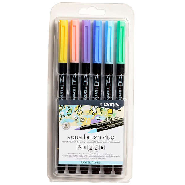 Conjunto de 6 Marcadores de Ponta Dupla Lyra Aqua Brush Duo em Tons Pastel - Ponta de Pincel de 4mm e Ponta Fina de 2mm